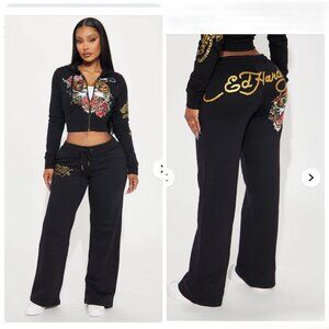 Ed Hardy Retro Inspired Tiger Y2K Cropped Zip Hoodie Flare Sweatpants 2pc XS